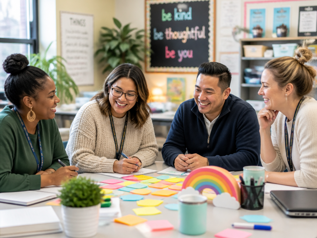 Diverse K-12 educators collaborating around a table with colorful sticky notes in a classroom.
